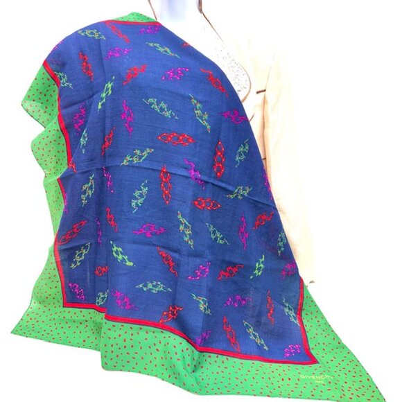 VGT GIVENCHY Paris scarf cotton/silk 34" Satin blue green red dot , (44) - Picture 2 of 10